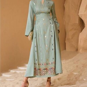 Elegant Green Embroidered Maxi Dress/ kaftan